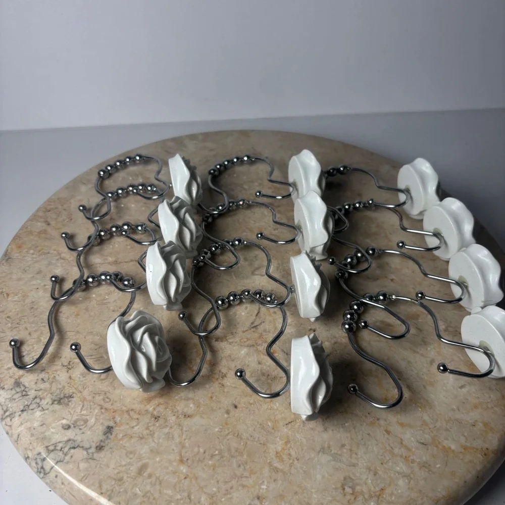 UO Rose Icon Shower Curtain Hooks Set of 12 White 3D Rose Flower‎ Shabby Chic